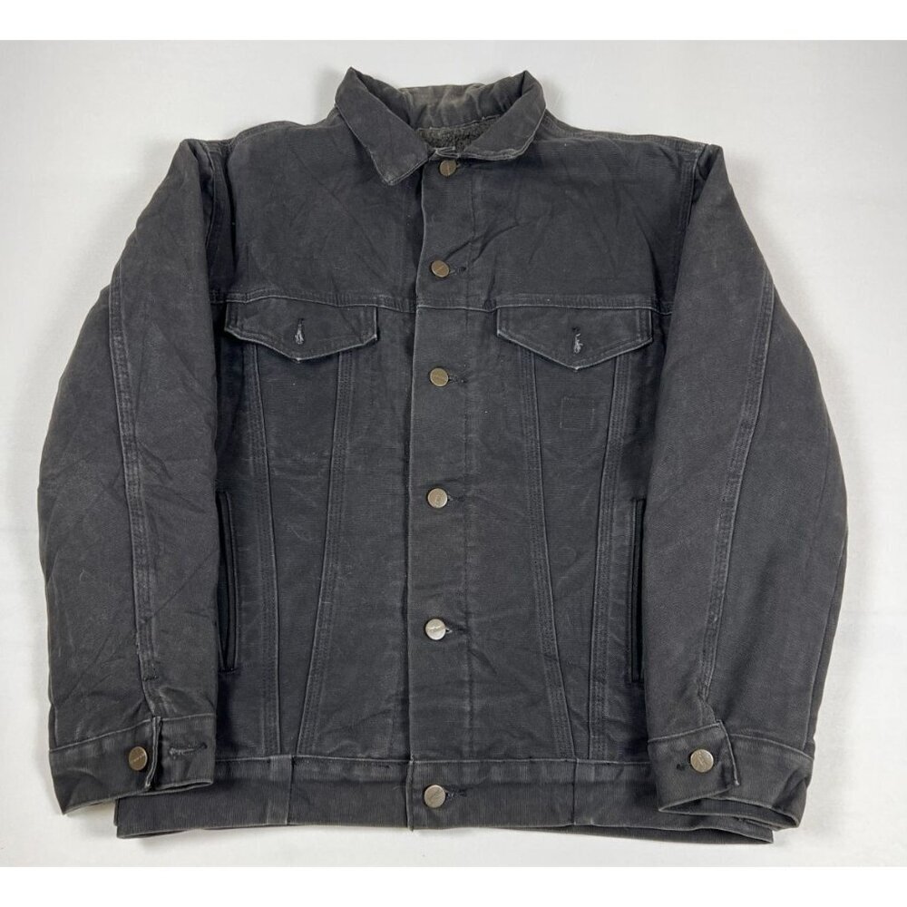 Carhartt Men Medium Black Denim Button Front Trucker Jacket Rugged Work Wear